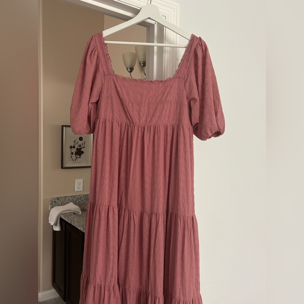 Auguste the Label pink floral embroidered tiered “Joan” midi dress